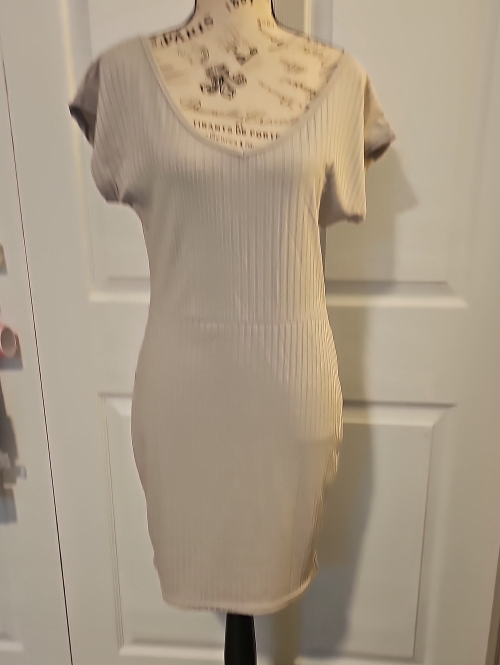 Ribbed Scoop Neck Bodycon Dress in Beige